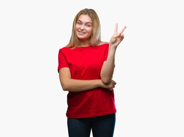 Mujer Caucásica Joven Sobre Fondo Aislado Sonriendo Con Cara Feliz —  Fotos de Stock