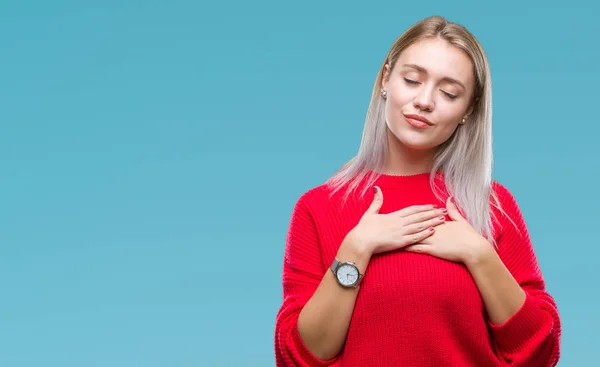 Jonge Blonde Vrouw Winter Trui Dragen Geïsoleerde Achtergrond Glimlachend Met — Stockfoto