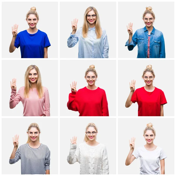Collage Unga Vackra Blonda Kvinnan Över Vit Isolerade Bakgrund Visar — Stockfoto