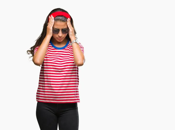 Young Beautiful Arab Woman Wearing Sunglasses Isolated Background Suffering Headache — Stock Photo, Image