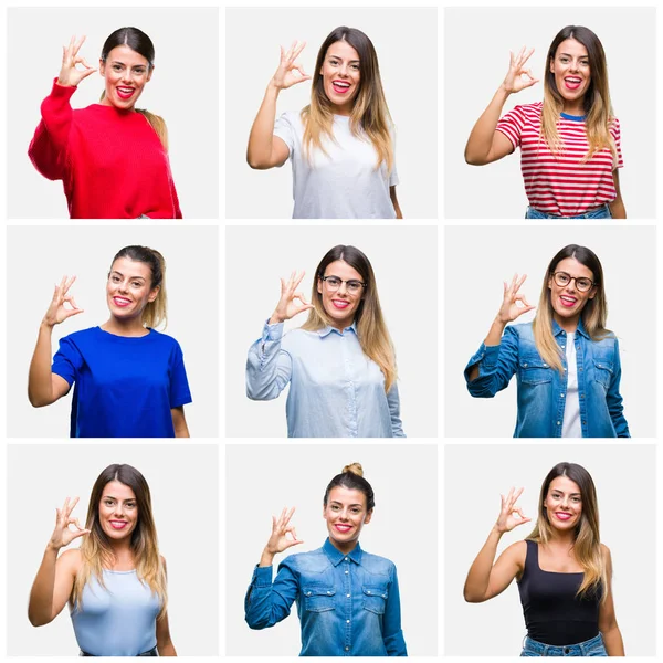 Colagem Jovem Mulher Bonita Sobre Fundo Isolado Sorrindo Positivo Fazendo — Fotografia de Stock