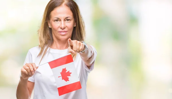 Femme Hispanique Moyen Âge Tenant Drapeau Canada Sur Arrière Plan — Photo