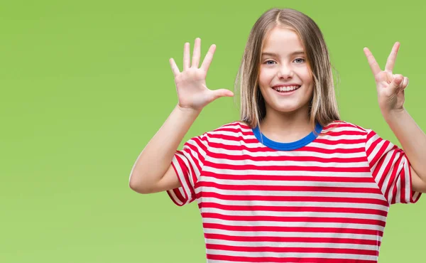 Young Beautiful Girl Isolated Background Showing Pointing Fingers Number Seven — Stock Photo, Image
