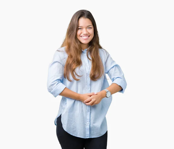 Jovem Mulher Negócios Bonita Morena Sobre Fundo Isolado Mãos Juntas — Fotografia de Stock