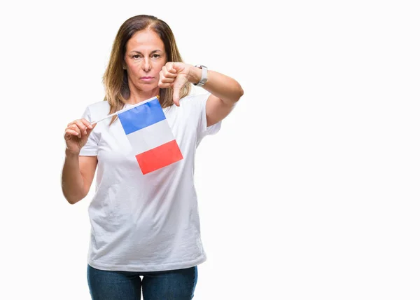 Middelbare Leeftijd Spaanse Vrouw Houdt Van Vlag Van Frankrijk Geïsoleerde — Stockfoto