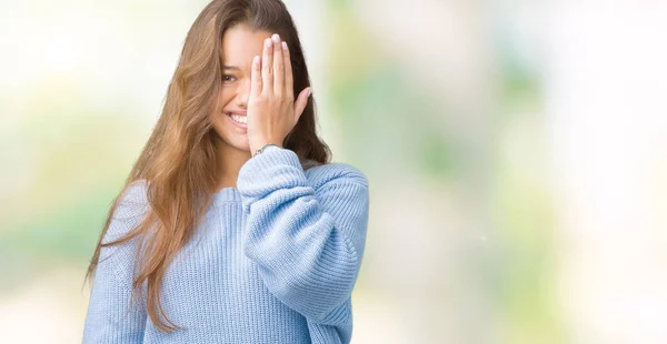 Young Beautiful Brunette Woman Wearing Blue Winter Sweater Isolated Background — Stock Photo, Image