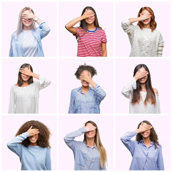 Collage Mujeres Jóvenes Sobre Fondo Rosa Aislado Sonriendo Riendo Con — Foto de Stock