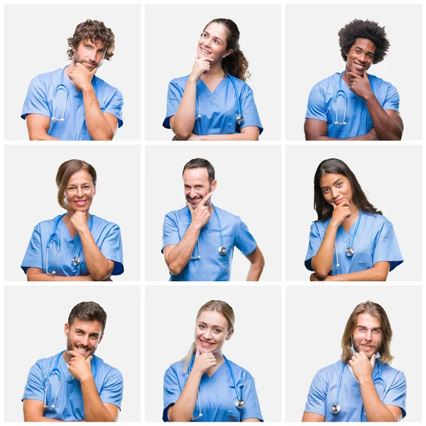 Colagem Grupo Profissionais Médicos Enfermeiros Pessoas Sobre Fundo Isolado Olhando — Fotografia de Stock