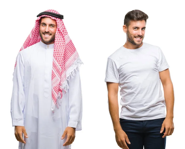 Kolaż Przystojny Młody Mężczyzna Arab Człowiek Nad Białym Tle Patrząc — Zdjęcie stockowe