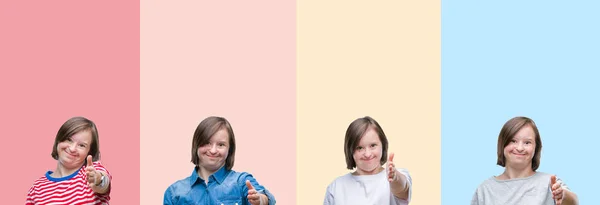 Collage Van Syndroom Vrouw Geïsoleerde Achtergrond Kleurrijke Strepen Lachende Vriendelijke — Stockfoto