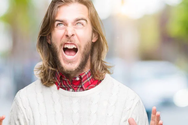 Young Handsome Man Long Hair Wearing Winter Sweater Isolated Background — Stock Photo, Image