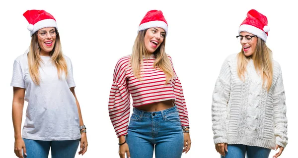 Collage Einer Jungen Schönen Frau Mit Weihnachtsmütze Vor Isoliertem Hintergrund — Stockfoto