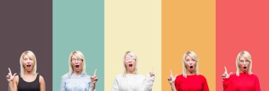 Güzel sarışın kadın vintage izole arka plan başarılı fikirle parmağı yukarıyı yüzünden kolaj. Çıktıktan ve mutlu. Bir numara.