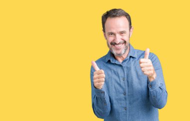 Yakışıklı orta yaş zarif komuta sizde izole arka plan başarı işareti el ile pozitif jest yapıyor üzerinde başparmak gülümseyen ve mutlu. Neşeli bir ifadeyle, kazanan jest kameraya bakıyor.