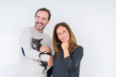 Orta yaş çift holding küçük chihuahua izole arka plan ciddi bir yüz düşünme hakkında soru, çok karışık bir fikir üzerinde