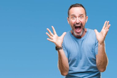 Orta yaş ağarmış üst düzey adam deli kutluyor arka plan izole ve başarı için kaldırdı kollarını açarak hayrete ve heyecanlı çığlık gözleri açık. Kazanan kavramı