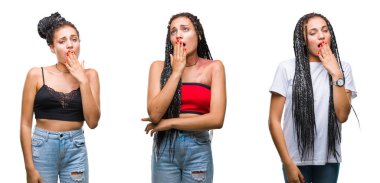 Güzel örgülü saç Afrikalı-Amerikalı kadın Doğum işareti izole arka plan üzerinde ile kolaj esneme yorgun kapsayan ağız el ile sıkılmış. Restless ve uyku hali.