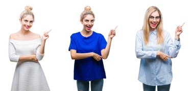 Yüzünde kocaman bir gülümseme ile izole arka plan üzerinde genç güzel sarışın kadının el ve parmak ile kameraya bakarak yan işaret kolaj.