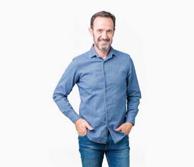 Yakışıklı orta yaş yüzünde mutlu ve güzel bir gülümseme ile izole arka plan üzerinde zarif komuta sizde. Şanslı kişi.