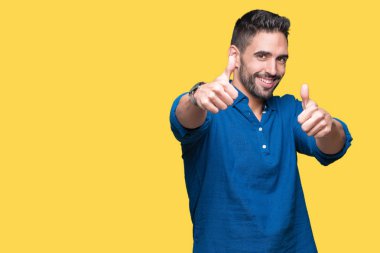 Yakışıklı delikanlı el ile pozitif jest yapıyor onaylama izole arka plan üzerinde başparmak gülümseyen ve başarı için mutlu. Kamera, kazanan jest arıyorsunuz.