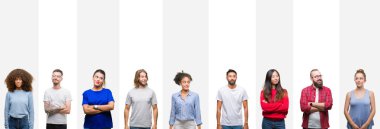 Farklı etnik genç insan görünümlü yan ve dik dik bakma uzağa düşünce gülümseyen beyaz çizgili izole arka plan üzerine kolaj.