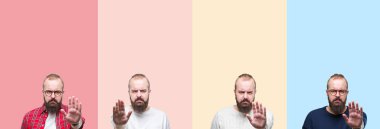 Kolaj üzerinde renkli çizgili izole arka stop yapıyor sakallı genç adam bir avuç ile şarkı. Negatif ve ciddi bir jest yüz ifadesiyle uyarı.