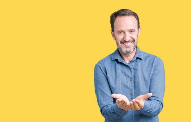 Yakışıklı orta yaş zarif üst düzey adam izole alma veya jest vererek birlikte el avuç içi ile gülen arka plan. Ayrı tutma ve koruma