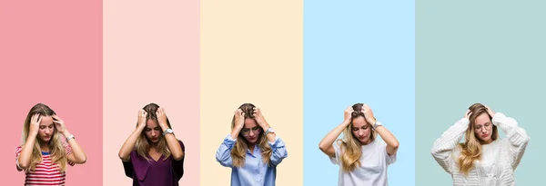 Collage Van Mooie Jonge Vrouw Kleurrijke Strepen Geïsoleerde Achtergrond Lijden — Stockfoto