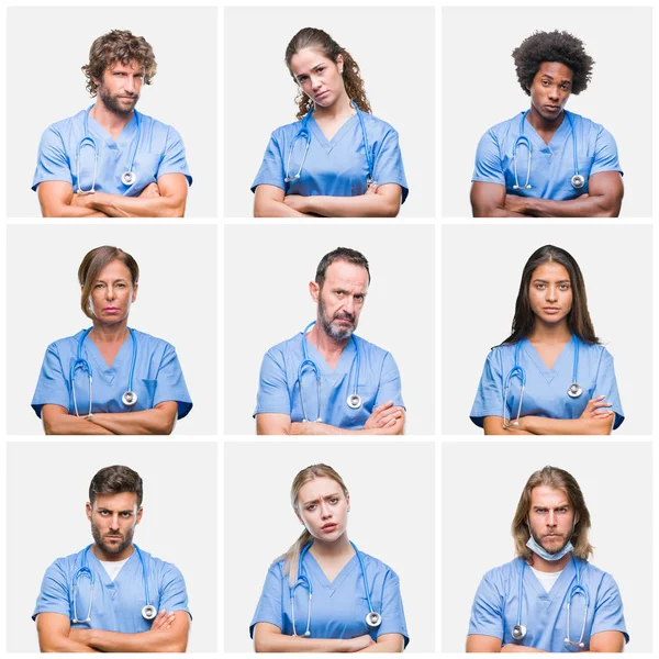 Collage Gruppo Infermieri Medici Professionisti Sfondo Isolato Scettico Nervoso Espressione — Foto Stock