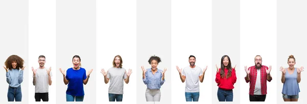 Collage Diferentes Etnias Jóvenes Sobre Rayas Blancas Fondo Aislado Celebrando — Foto de Stock