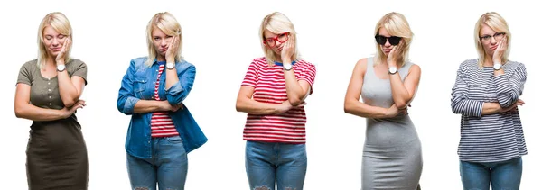 Collage Hermosa Mujer Rubia Con Diferentes Miradas Sobre Fondo Aislado — Foto de Stock