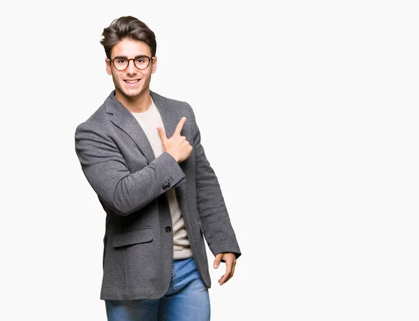 Jovem Homem Negócios Vestindo Óculos Sobre Fundo Isolado Alegre Com — Fotografia de Stock