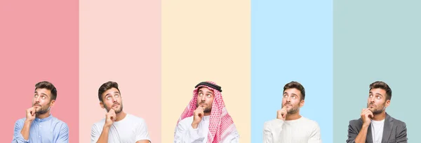 Collage Stilig Ung Man Över Färgglada Ränder Isolerade Bakgrund Med — Stockfoto