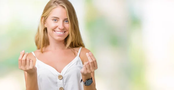 Mulher Bonita Sobre Fundo Isolado Fazendo Gesto Dinheiro Com Mão — Fotografia de Stock