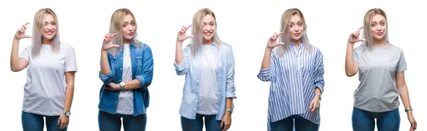 Collage Van Mooie Blonde Jonge Vrouw Geïsoleerde Achtergrond Glimlachend Vertrouwen — Stockfoto