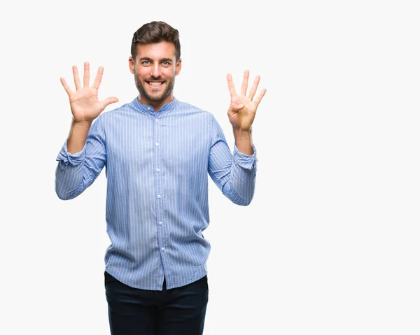 Joven Hombre Guapo Sobre Fondo Aislado Mostrando Señalando Hacia Arriba —  Fotos de Stock