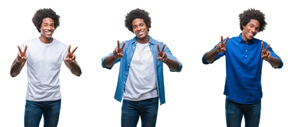Колаж Афроамериканського Молодого Сорочки Ділового Чоловіка Над Ізольованим Тлом Посміхаючись — стокове фото