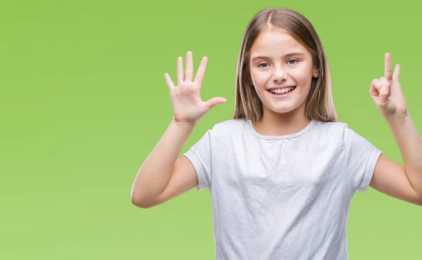 Young Beautiful Girl Isolated Background Showing Pointing Fingers Number Seven — Stock Photo, Image