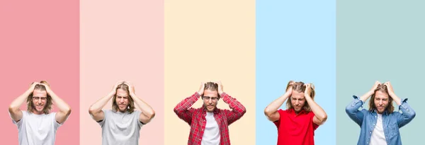 Collage Young Handsome Man Colorful Stripes Isolated Background Suffering Headache — Stock Photo, Image