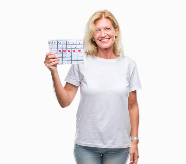 Mulher Loira Meia Idade Segurando Calendário Menstruação Ver Fundo Isolado — Fotografia de Stock