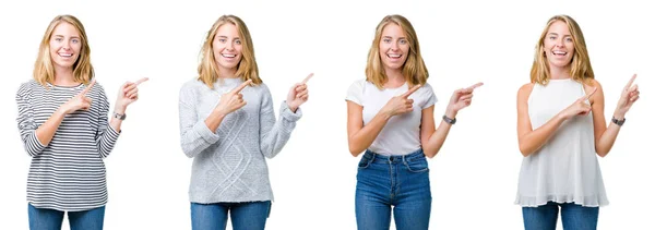 Collage Hermosa Mujer Rubia Sobre Fondo Blanco Aislado Sonriendo Mirando — Foto de Stock