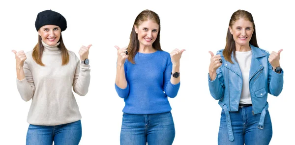 Collage Hermosa Mujer Mediana Edad Sobre Signo Éxito Fondo Aislado —  Fotos de Stock