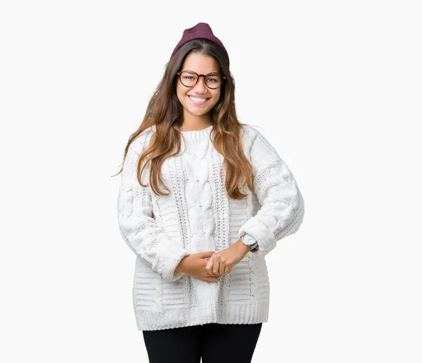 Giovane Bella Donna Hipster Bruna Indossa Occhiali Cappello Invernale Sfondo — Foto Stock