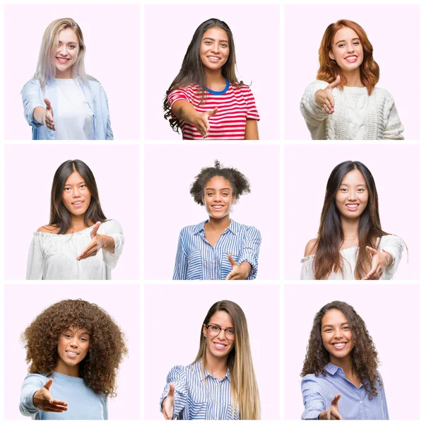 Collage Unga Kvinnor Över Rosa Isolerade Bakgrund Leende Vänliga Erbjudande — Stockfoto