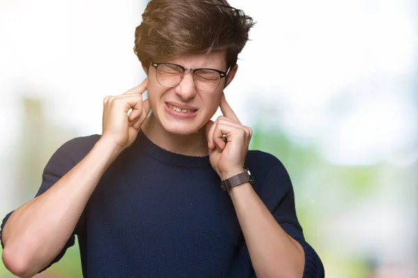 Young Handsome Man Wearing Glasses Isolated Background Covering Ears Fingers — Stock Photo, Image