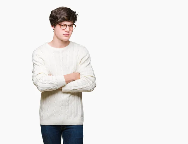 Joven Hombre Guapo Con Gafas Sobre Fondo Aislado Escéptico Nervioso — Foto de Stock