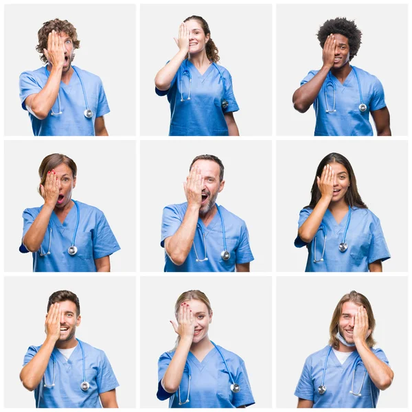 Colagem Grupo Profissionais Médicos Enfermeiros Pessoas Sobre Fundo Isolado Cobrindo — Fotografia de Stock