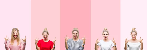 Коллаж Молодых Красивых Блондинка Ярких Красочных Цветных Розовый Изолированный Фон — стоковое фото