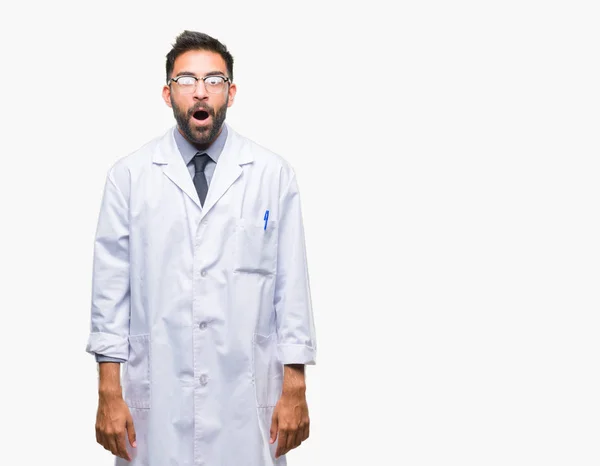 Adult Hispanic Scientist Doctor Man Wearing White Coat Isolated Background — Stock Photo, Image