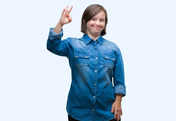 年轻成年妇女与唐氏综合征在孤立的背景微笑正面做 标志用手和手指 成功表达式 — 图库照片